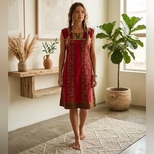 Vintage Boho Embroidered Midi Dress | Ruby Red & Olive Minimalist Chic